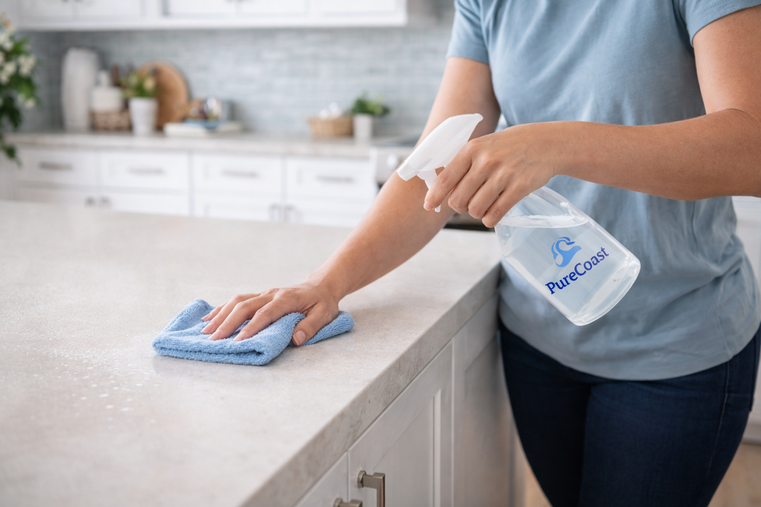 Professional cleaner wiping kitchen surface with PureCoast spray bottle